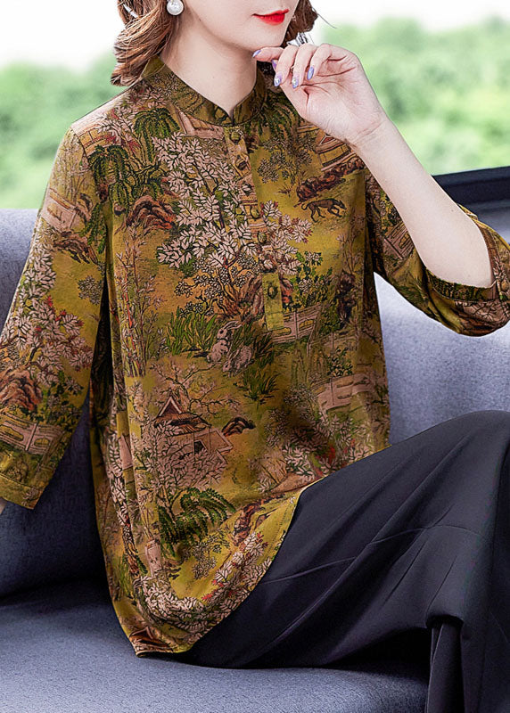 Yellow Print Silk Shirts Tops Stand Collar Button Summer