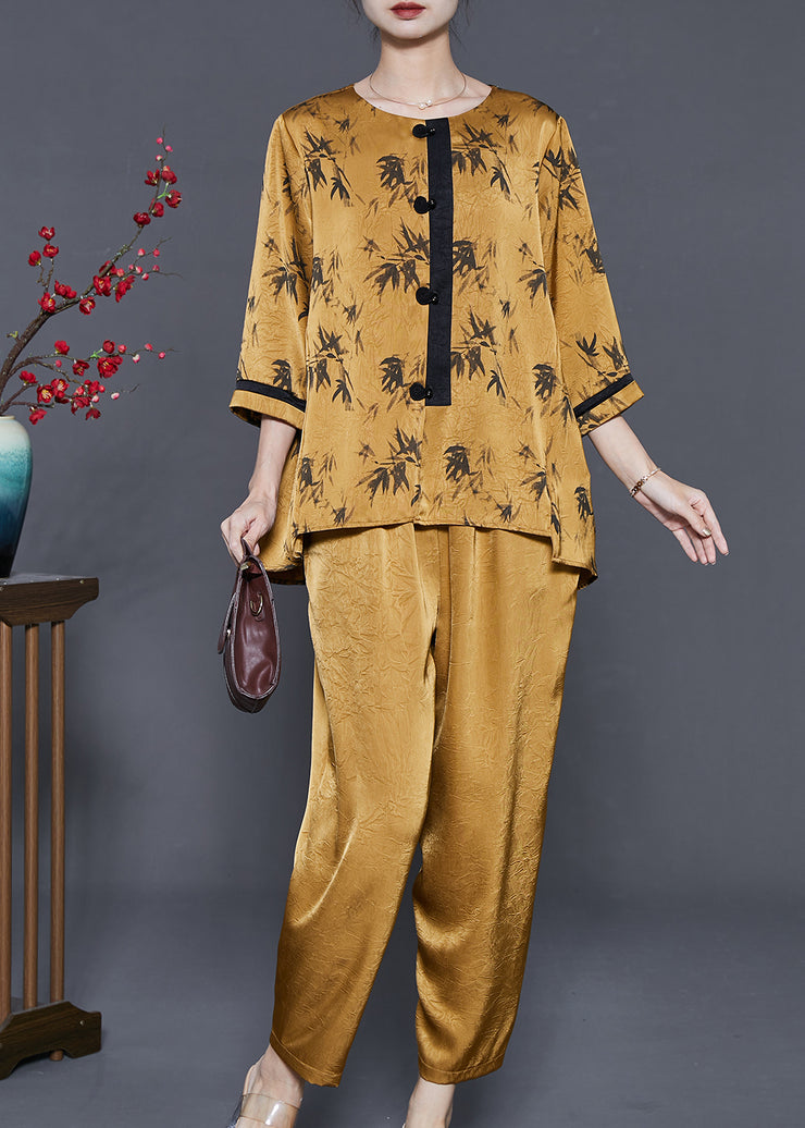 Yellow Print Silk Two Piece Suit Set Oversized Jacquard Summer