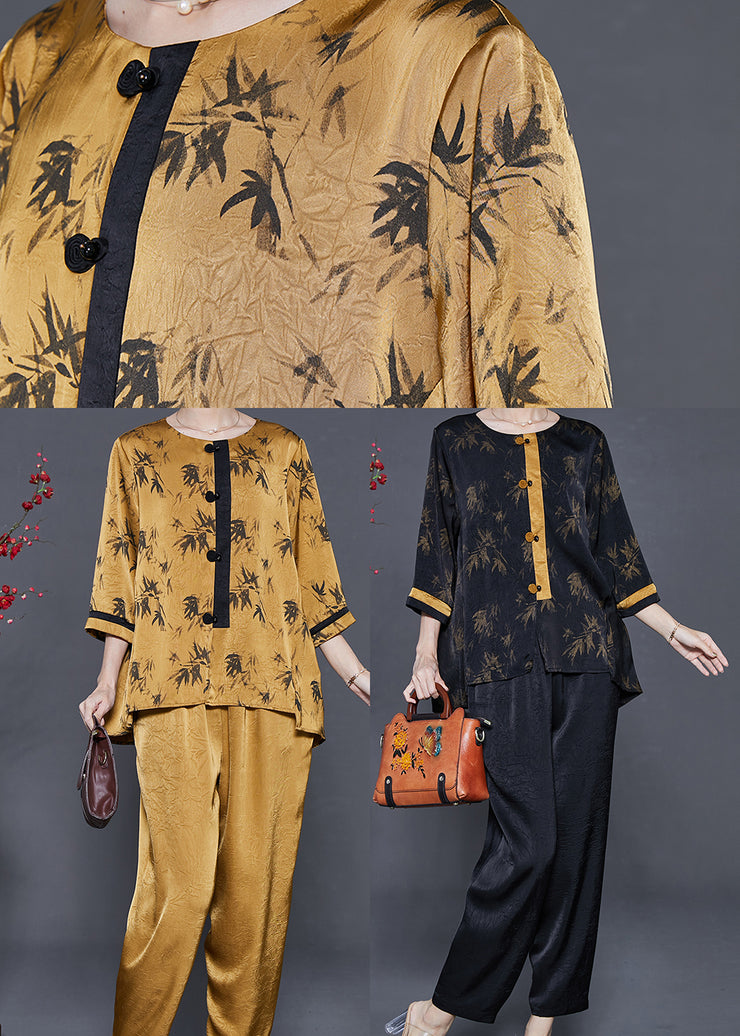 Yellow Print Silk Two Piece Suit Set Oversized Jacquard Summer