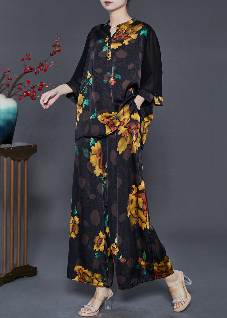 Yellow Print Silk Two Pieces Set Oversized Fall