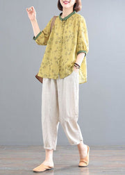 Yellow Print Tops And Beige Pants Linen Women Sets Summer