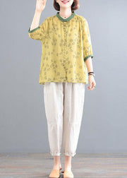 Yellow Print Tops And Beige Pants Linen Women Sets Summer