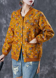 Yellow Print Warm Fleece Jacket Oversized Pockets Winter