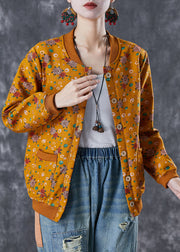 Yellow Print Warm Fleece Jacket Oversized Pockets Winter