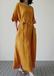 Yellow Side Open Solid Holiday Maxi Dress Short Sleeve