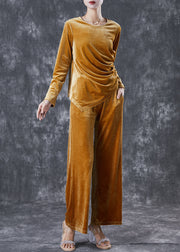 Yellow Silm Fit Silk Velour Two Pieces Set Asymmetrical Wrinkled Fall