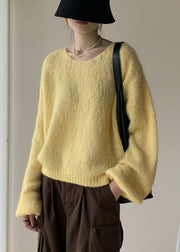 Yellow Solid Cotton Knit Pullover Sweater V Neck Spring