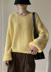 Yellow Solid Cotton Knit Pullover Sweater V Neck Winter