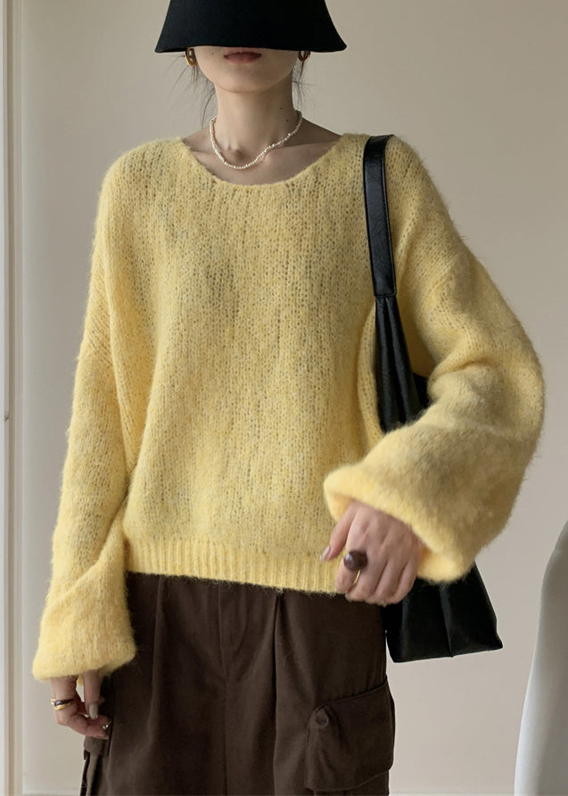 Yellow Solid Cotton Knit Pullover Sweater V Neck Spring