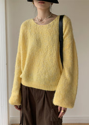 Yellow Solid Cotton Knit Pullover Sweater V Neck Winter