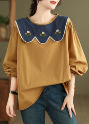 Yellow Solid Lace Cotton T Shirt O Neck Long Sleeve