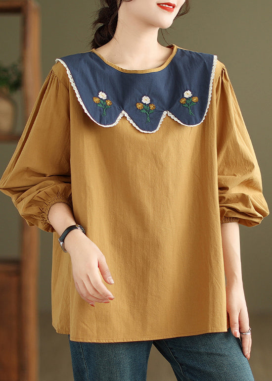 Yellow Solid Lace Cotton T Shirt O Neck Long Sleeve