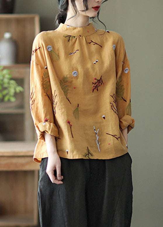 Yellow Stand Collar Button Linen Top Spring