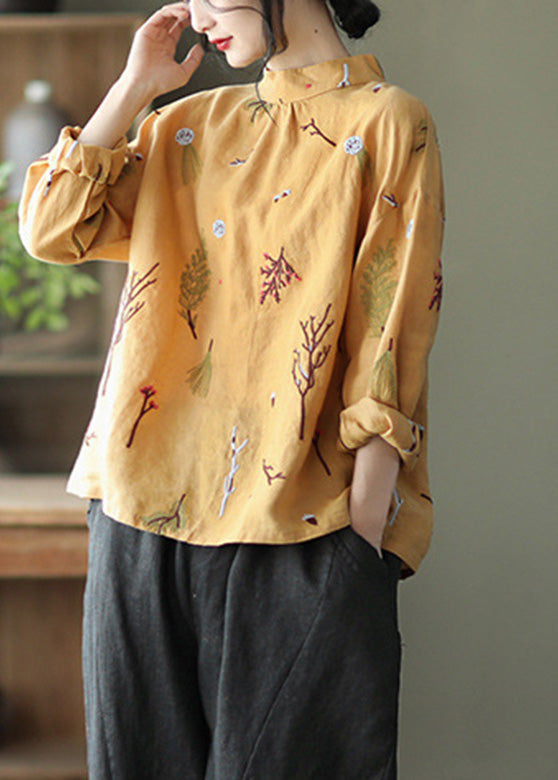 Yellow Stand Collar Button Linen Top Spring