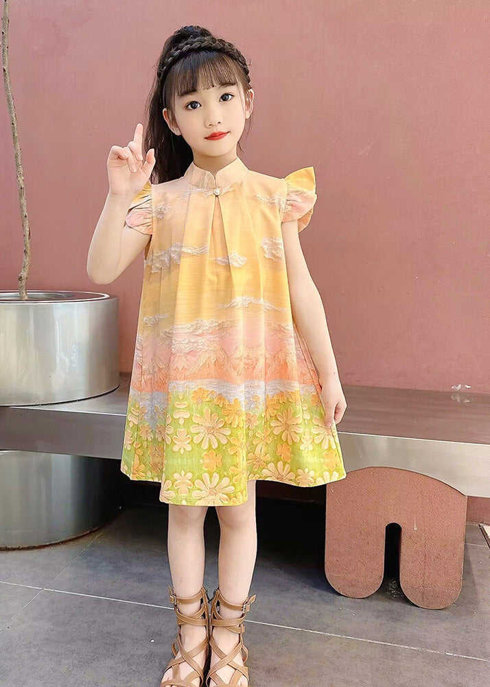 Yellow Stand Collar Ruffled Wrinkled Mid Dress Summer