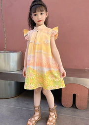 Yellow Stand Collar Ruffled Wrinkled Mid Dress Summer