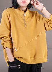 Yellow Stand Collar Side Open Sweatshirt Fall