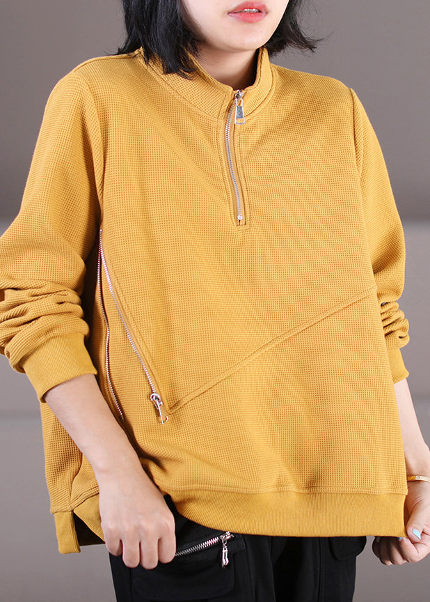 Yellow Stand Collar Side Open Sweatshirt Fall