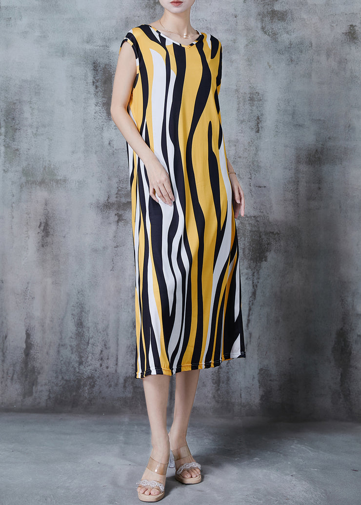 Yellow Striped Chiffon Holiday Dress Sleeveless