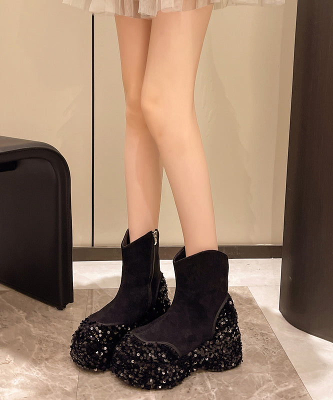 Yellow Suede Sequins Splicing Fashion Platform Boots