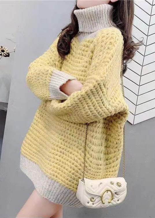 Yellow Thick Patchwork Cozy Knit Sweaters Hign Neck Spring