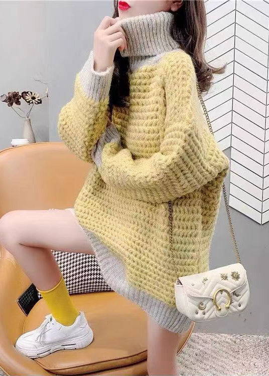 Yellow Thick Patchwork Cozy Knit Sweaters Hign Neck Spring