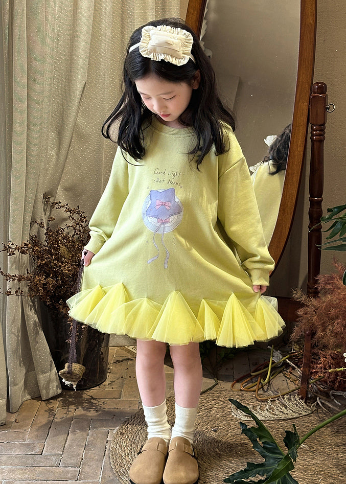 Yellow Tulle Patchwork Girls Maxi Dress Spring