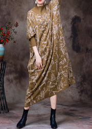 Yellow Turtleneck Print Knit Maxi Dress Batwing Sleeve