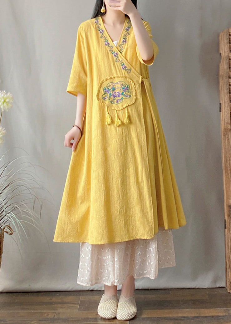 Yellow V Neck Tie Waist Maxi Cardigan Short Sleeve