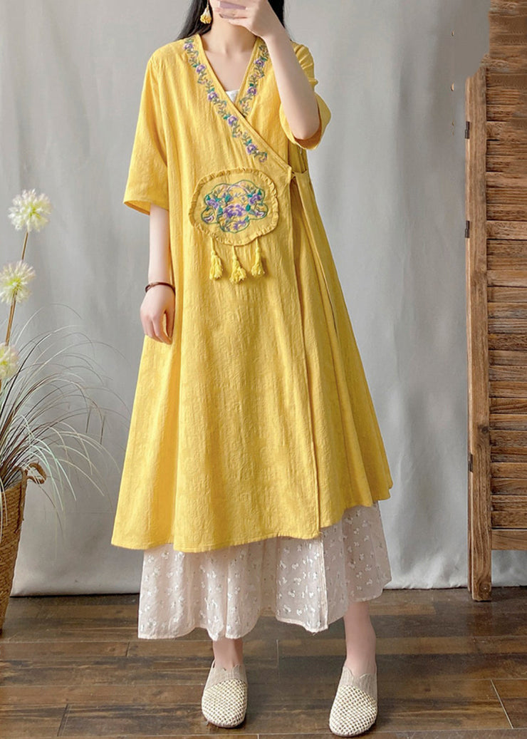 Yellow V Neck Tie Waist Maxi Cardigan Short Sleeve