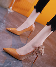 Yellow Zircon Floral Splicing Stiletto High Heels Pointed Toe