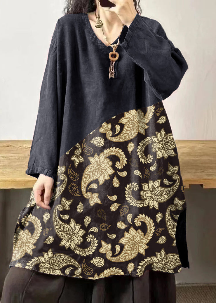 Vintage Black flower V Neck Embroidered Patchwork Linen Mid Dresses Fall