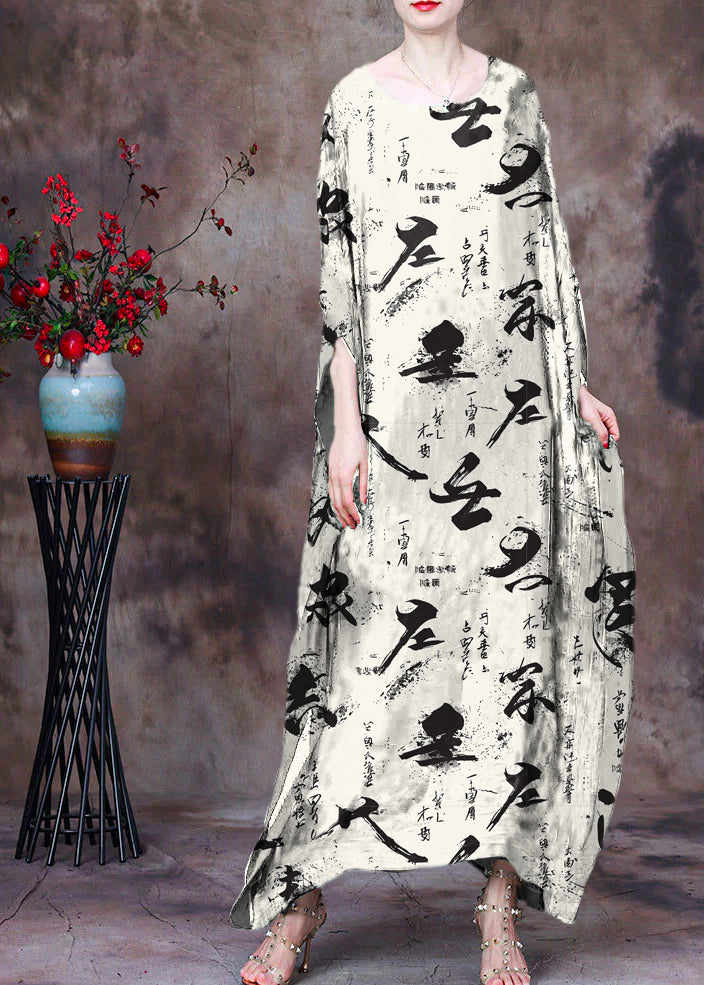 Loose Black geometry O-Neck Asymmetrical Design Print Silk Beach Dress Gown Batwing Sleeve