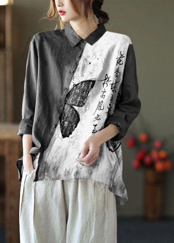 Chic Gray Text Peter Pan Collar Button Spring Asymmetrical Design Top Long Sleeve