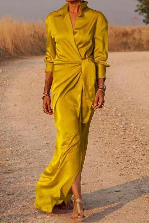 Color texture Satin Wrap Shirt Maxi Dress