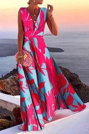 Fashion Simplicity Print Split Joint V Neck A Line Dresses