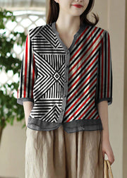 Casual Black strips V Neck Embroidered Solid Ramie Shirt Half Sleeve