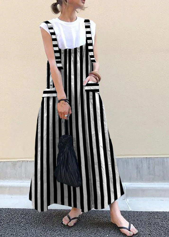 Style Black strips Oversized Pockets Exra Large Hem Cotton Strap Dresses Spring