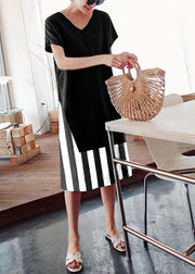 DIY o neck side open Cotton summer Tunics linen Black stripes Dress