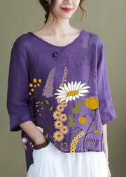 DIY purple-cashew pattern Embroideried side open Half Sleeve Top