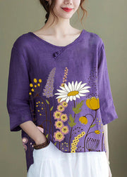 DIY purple-full of flowers Embroidered side open Half Sleeve Top