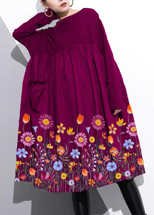 Elegant Cinched o neck Cotton clothes For Women Tutorials Purple-Floral hem  Dresses