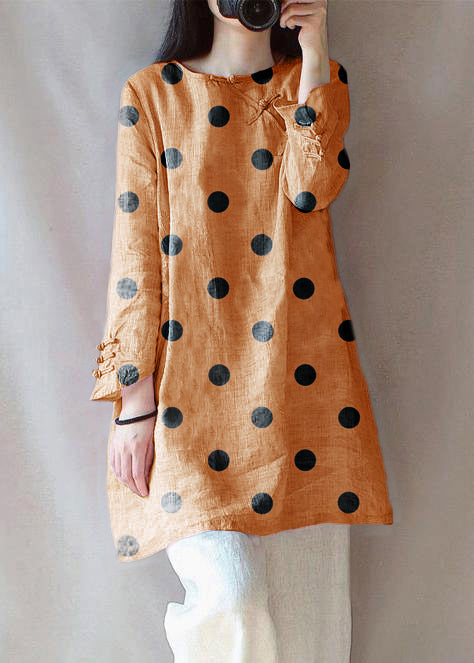 Classy O Neck Chinese Button Clothes For Women Shape Orange polka dots Embroidery Shirt
