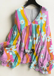 Chic Colorful flowers Wrinkled Chiffon Shirt And Spaghetti Strap Two Pieces Set Lantern Sleeve