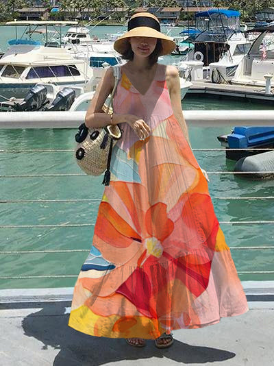 Natural sleeveless patchwork cotton quilting dresses Work Colorful flowers Maxi Dresses