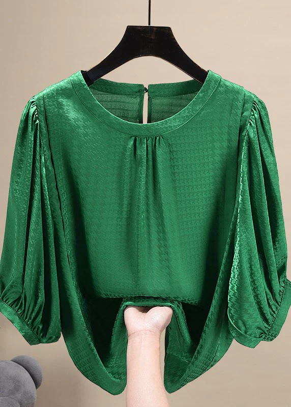 Grace Green Puff Sleeve Jacquard Button Chiffon Shirt Tops Summer