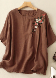 Grace Khaki O Neck Embroidered Linen T Shirts Summer