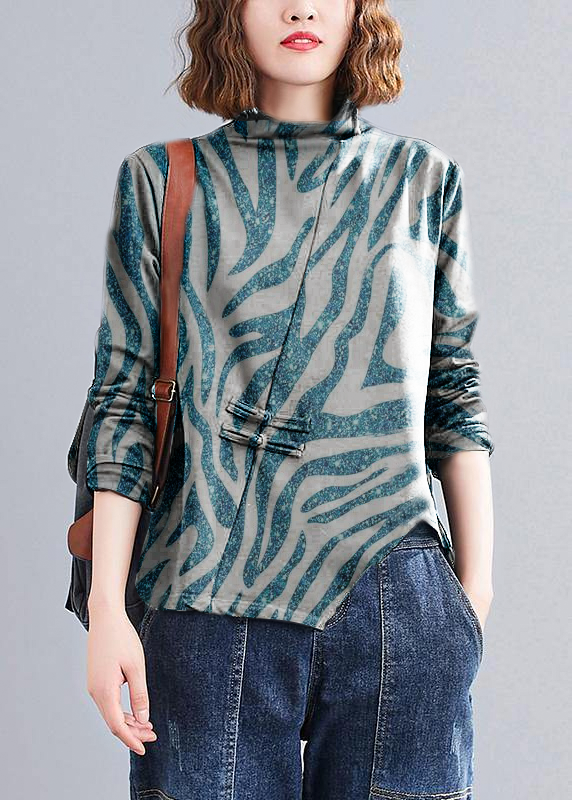 Natural Blue Geometry Blouse high neck Chinese Button Knee tops