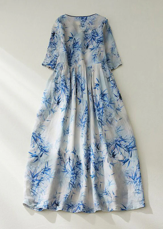 Grace Blue V Neck Tie Waist Print Linen Cinched Dress Summer