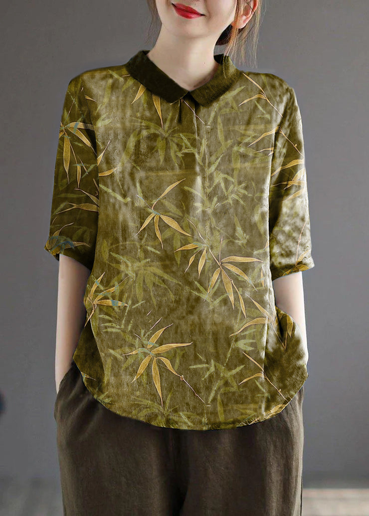 Grasgrünes Umlegekragen-Print-Sommerhemd mit halben Ärmeln